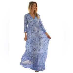 ASPIGA Mykonos Lightweight Blue Printed V-Neck Cotton Maxi Vacation Dress XS
